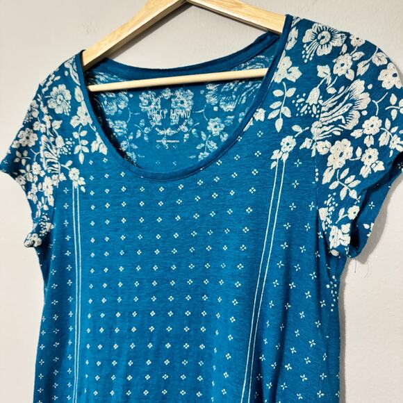 Lucky Brand Women's Top Small Blue Boho Linen Floral Print Short Sleeve Hippie - Picture 4 of 10